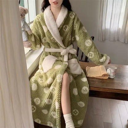 Women'S Pajamas Cute Pijama Winter Sleepwear Warm Robe Sets Long Home Wear Bathrobe plus Velvet Warmth Coral Fleece Nightgown